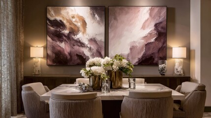 Contemporary dining space with abstract artwork, soft lighting, upholstered chairs, and a statement centerpiece