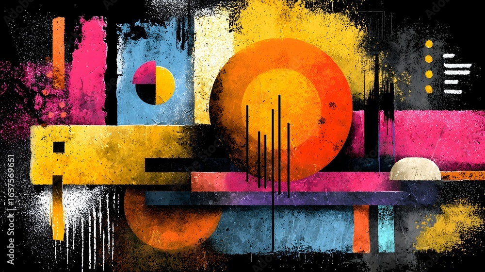 Poster a bold imaginative abstract artwork featuring a harmonious arrangement of geometric shapes vibrant c