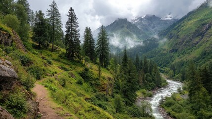 Obraz premium Mountain valley with river and hiking path