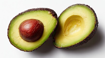 Two halved avocados, vibrant green flesh, dark brown skin, and a red seed