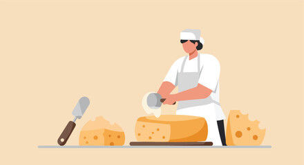 Cutting cheese chef uses tool to cut a big piece. Slices and knife near. Flat style