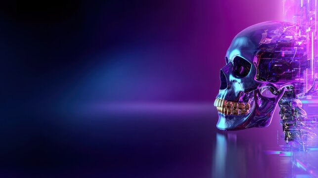 Digital glitch art skull on left edge abstract design