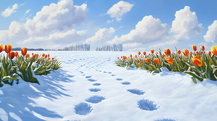 Snowy field with orange tulips