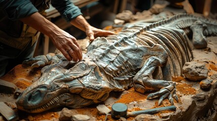 A person examines a fossilized dinosaur skeleton in a workshop. The fossil is large and detailed, surrounded by tools and debris.