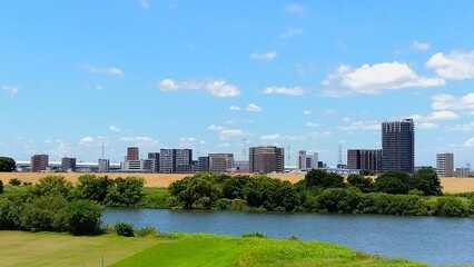 夏の土手から見る江戸川と対岸の三郷中央駅付近のマンション群風景