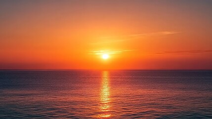 Fototapeta premium Orange Sunset Glow on Sea Horizon with Calm Water Reflections and Rippled Silhouette