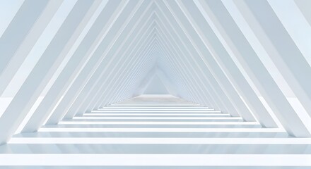 A bright, futuristic corridor of repeating white triangular frames creating a vanishing point perspective.