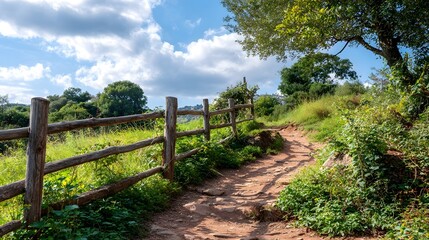 Fototapeta premium A sun-drenched path winds through a grassy landscape, beside a rustic wooden fence.