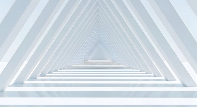 A bright, futuristic corridor of repeating white triangular frames creating a vanishing point perspective.