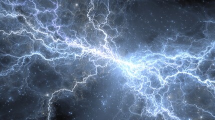 Neon blue and white fractal electricity branching through cosmic void, symbolizing natural energy.