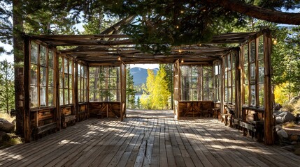 Fototapeta premium Rustic wooden structure with windows overlooking a scenic vista.