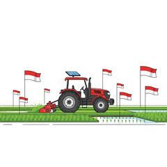 A red tractor works a rice paddy field, Indonesian flags marking the scene.
