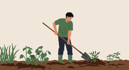 Vector art of a man working with a shovel in the garden with plants in soil