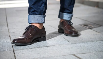 Mans brown leather shoes and jeans.
