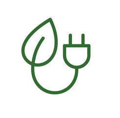 A green energy symbol that combines a leaf and an electric plug into a unified minimal outline.