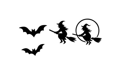 the bat, a witch flying on a broom vector outline logo.