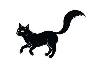 Silhouette art design illustration of a Turkish Angora in mid-leap and fluffy tail extended.eps