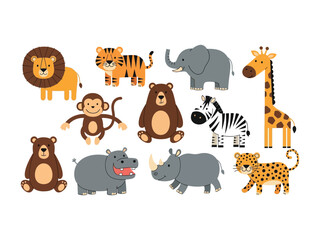 Obraz premium Jungle Animals illustration: A collection of friendly jungle animals brings a burst of playful charm. Featuring adorable lion, tiger, elephant, giraffe, monkey, bear, zebra, hippo, rhino, and leopard.