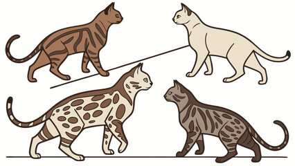 Fototapeta premium Four Cartoon Bengal Cats with Different Markings and Colors.