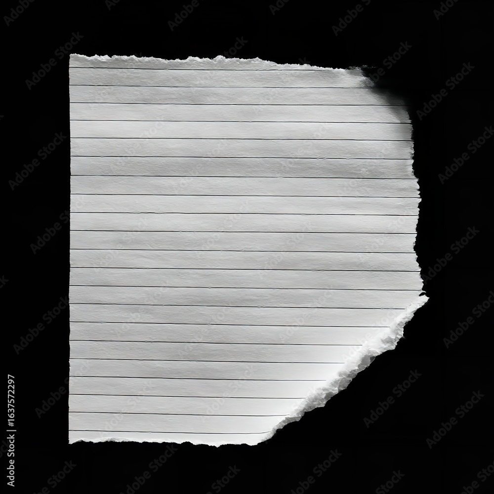 Poster a torn piece of lined paper isolated on a black background showing rough edges and horizontal lines 