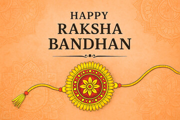 Raksha Bandhan illustration with decorative rakhi with tassels, floral pattern and Happy Raksha Bandhan message. For greeting card, social media post and Raksha Bandhan invitations.