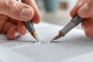 Close-up of contract signing during a successful business negotiation, with the final document being signed, marking the completion of a deal.