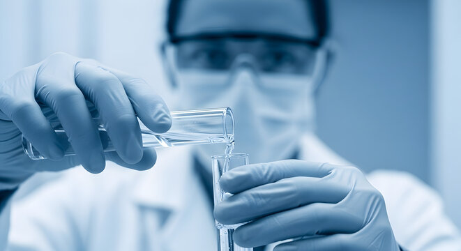 A scientist wearing gloves and goggles carefully pours a clear liquid into a test tube in a laboratory. - Powered by Adobe