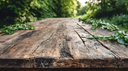 Rustic wooden table surface with greenery.