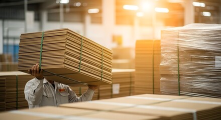 Worker carrying a stack of cardboard boxes in a warehouse, with more stacked boxes visible around, bathed in bright sunlight.