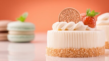 A delectable mini cake adorned with creamy frosting, a strawberry, and an elegant gold disc sits on a reflective surface with blurred macarons in the background creating a
