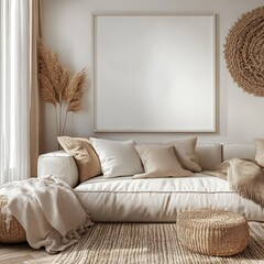 Cozy and Inviting Living Room Setting with Blank Canvas for Artwork and Natural Textures