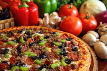 Pizza topped with meat, peppers, olives, and cheese, surrounded by fresh vegetables