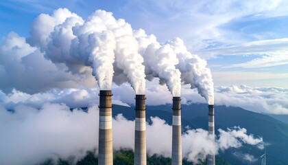 Smoke Stacks Billowing Clouds Against Sky.