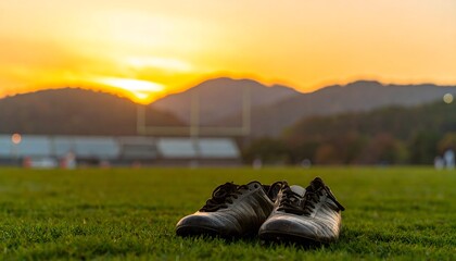 Close-up of a pair of football cleats placed on a lush, well-kept field at sunset.