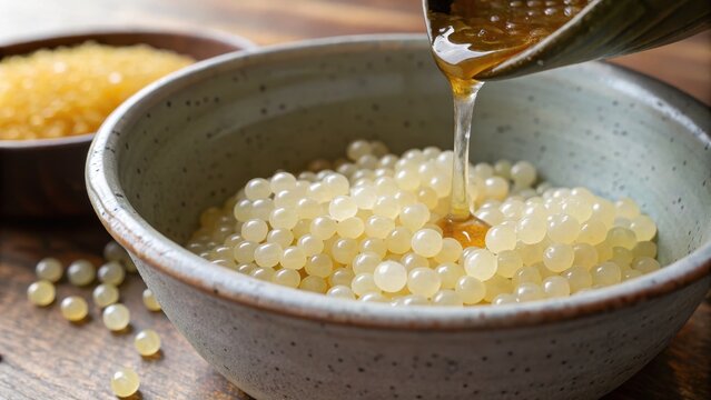 Pouring golden liquid over delicate culinary beads in ceramic bowl