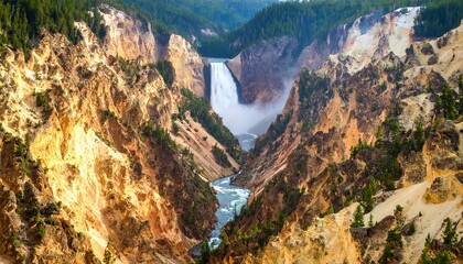 Waterfall flows through rocky canyon.