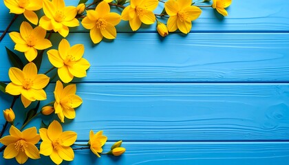 Yellow Flowers on Blue Wood Background.