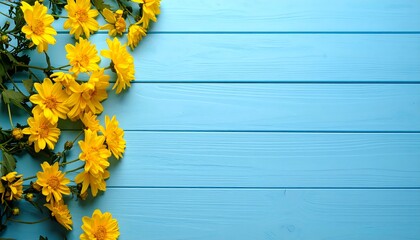 Yellow Flowers on Blue Wooden Background.