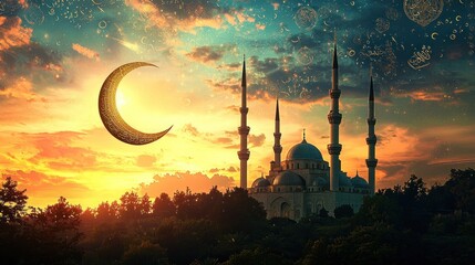Majestic mosque at sunset with crescent moon (1)