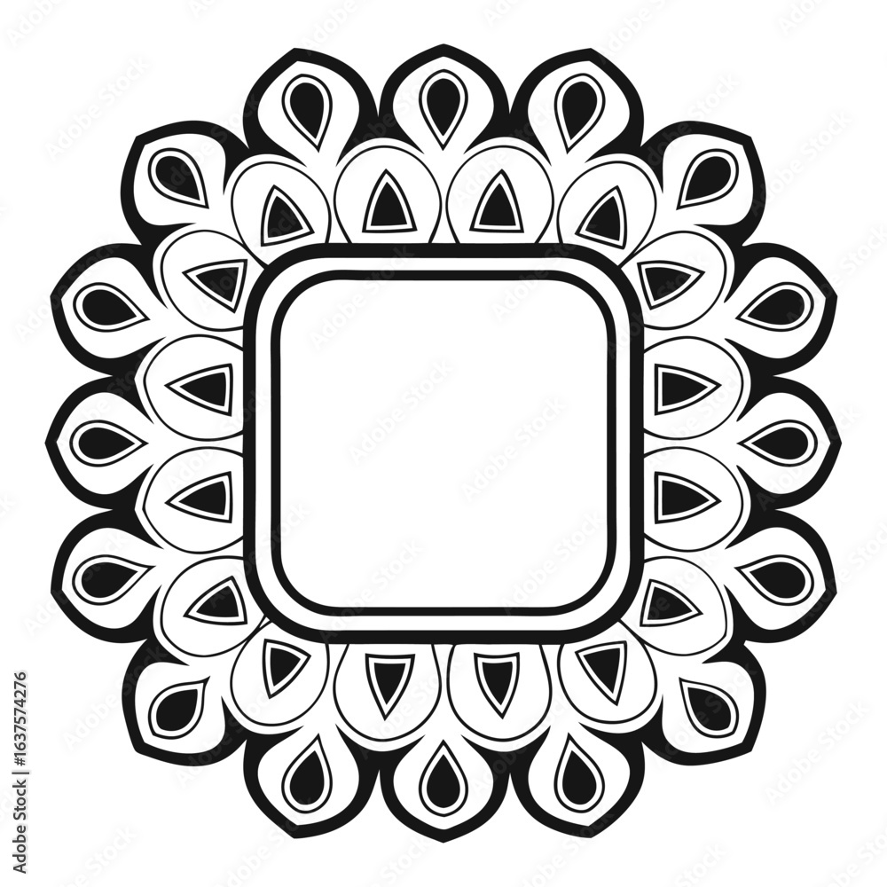 Poster monochrome abstract floral frame with rounded square center: decorative graphic element for design a