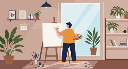 Fototapeta premium Painter creates art at his home studio, plants around, and a large window for natural light
