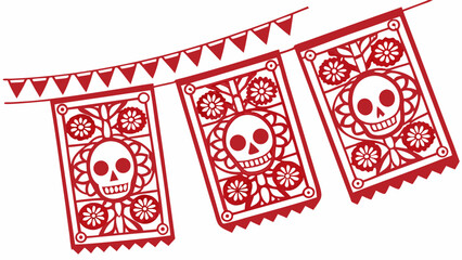 Red Paper Cutout Banners with Skulls and Flowers for Dia de los Muertos.