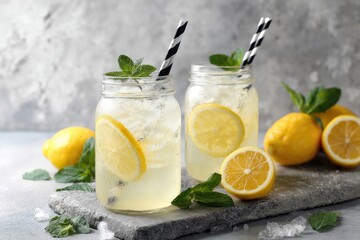 Two mason jar drinks garnished with lemon slices and mint