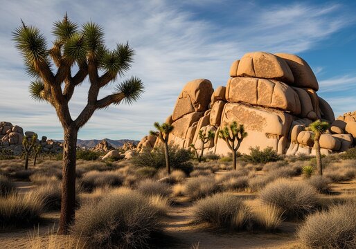 A landscape view of joshua trees and rock formations under a partly cloudy sky in a desert setting