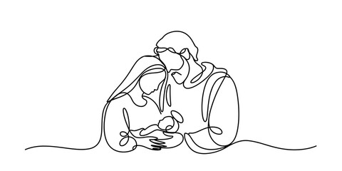Holy family continuous line drawing vector illustration