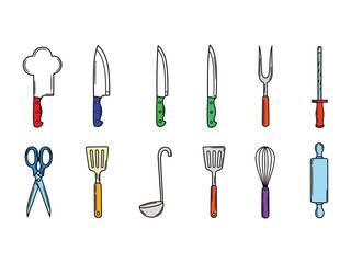 Culinary Arsenal: A set of stylized kitchen tools, from sharp chef's knives to whisks and rolling pins, arranged artfully, ready to craft culinary creations. 