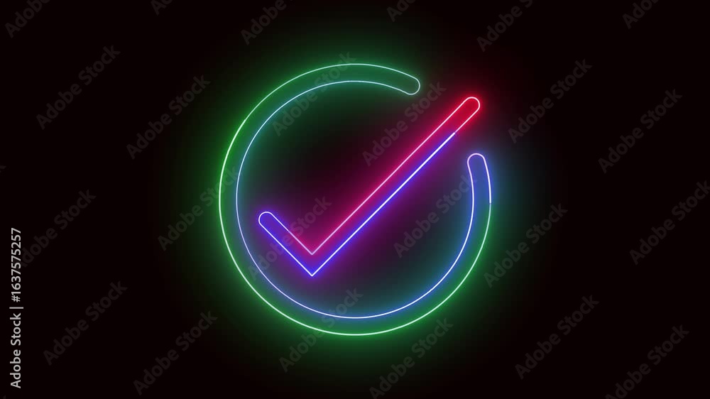 Poster neon approval tick animation. success confirmation glowing circle digital interface design. glowing 