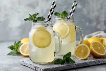 Two mason jar drinks, lemonade, ice, lemons, mint