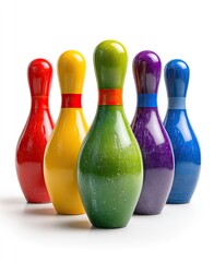 Five colorful bowling pins arranged in a row against a white background.  Each pin features a unique hue