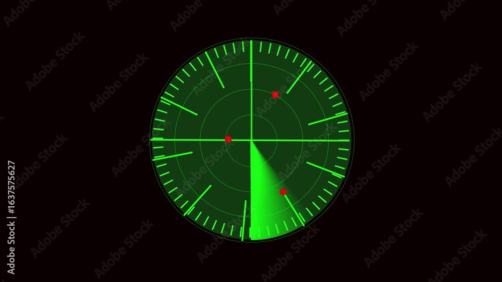 Poster animated radar targets detection system. green blips security monitoring military technology. milita